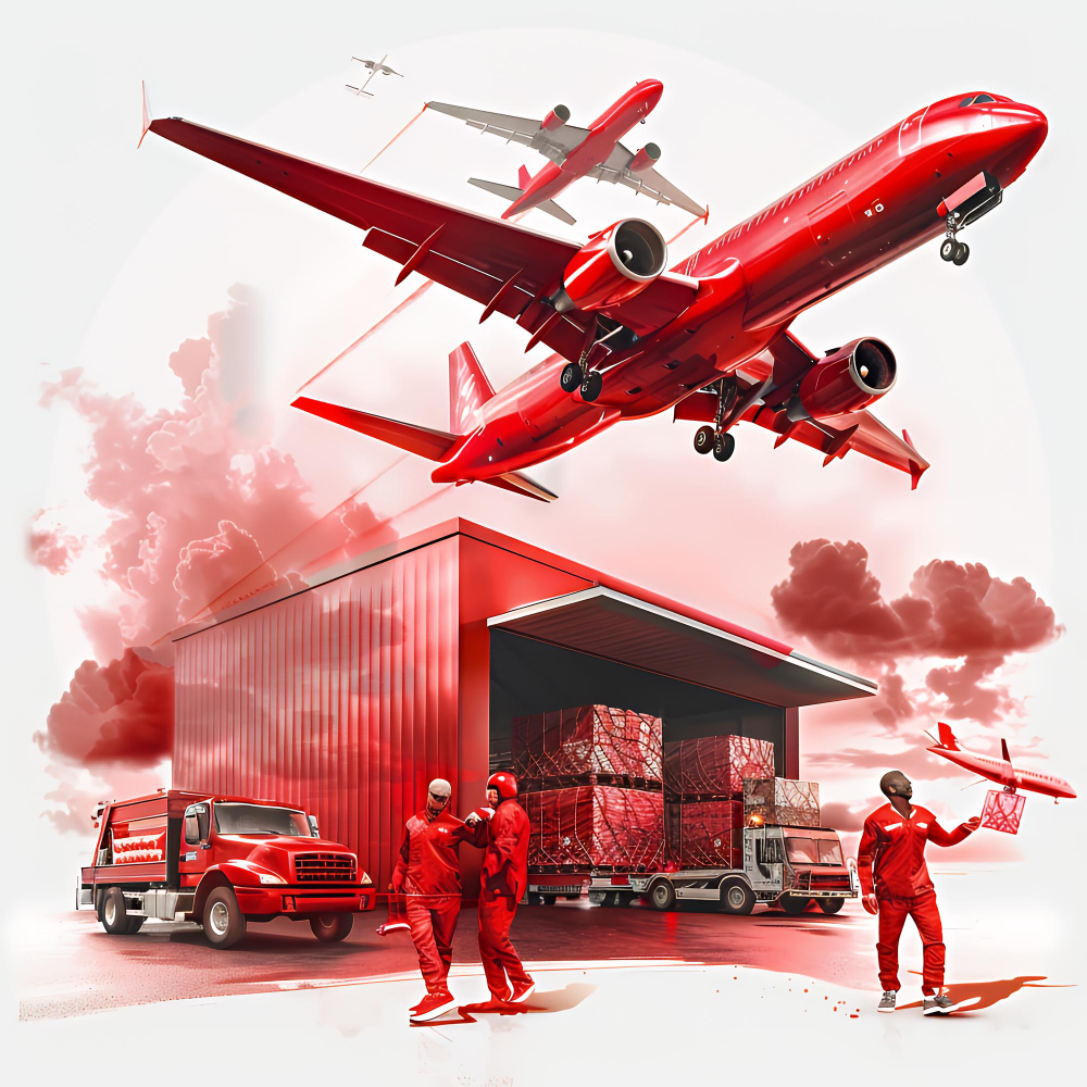Red cargo plane landing with workers loading containers